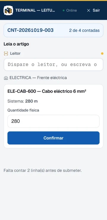 Handheld DOCA numa contagem: localização Frente eléctrica, cabo de 6 mm², quantidade do sistema e quantidade física.
