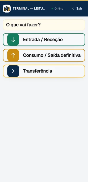 Handheld DOCA, ecrã inicial do modo terminal: Entrada e receção, Consumo e saída definitiva, Transferência.