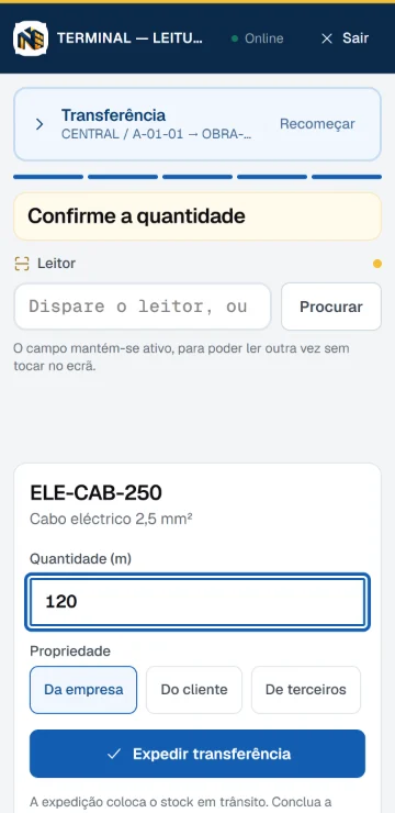 Handheld DOCA numa transferência: origem e destino lidos, artigo ELE-CAB-250 encontrado, quantidade 120 m pronta a confirmar.